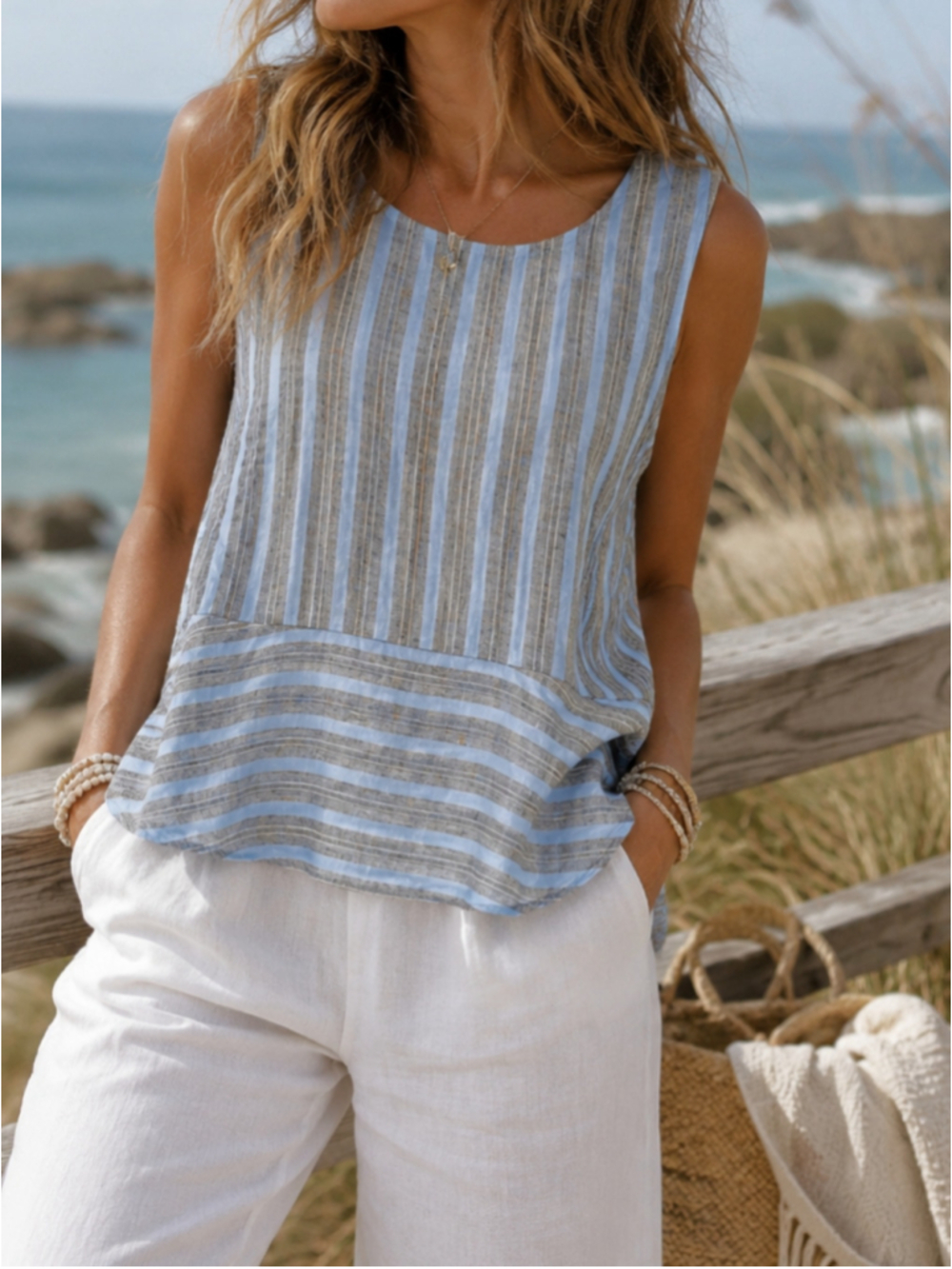 Talbots NWT Blue Woven Linen & Cotton Striped Sleeveless Peplum Top M